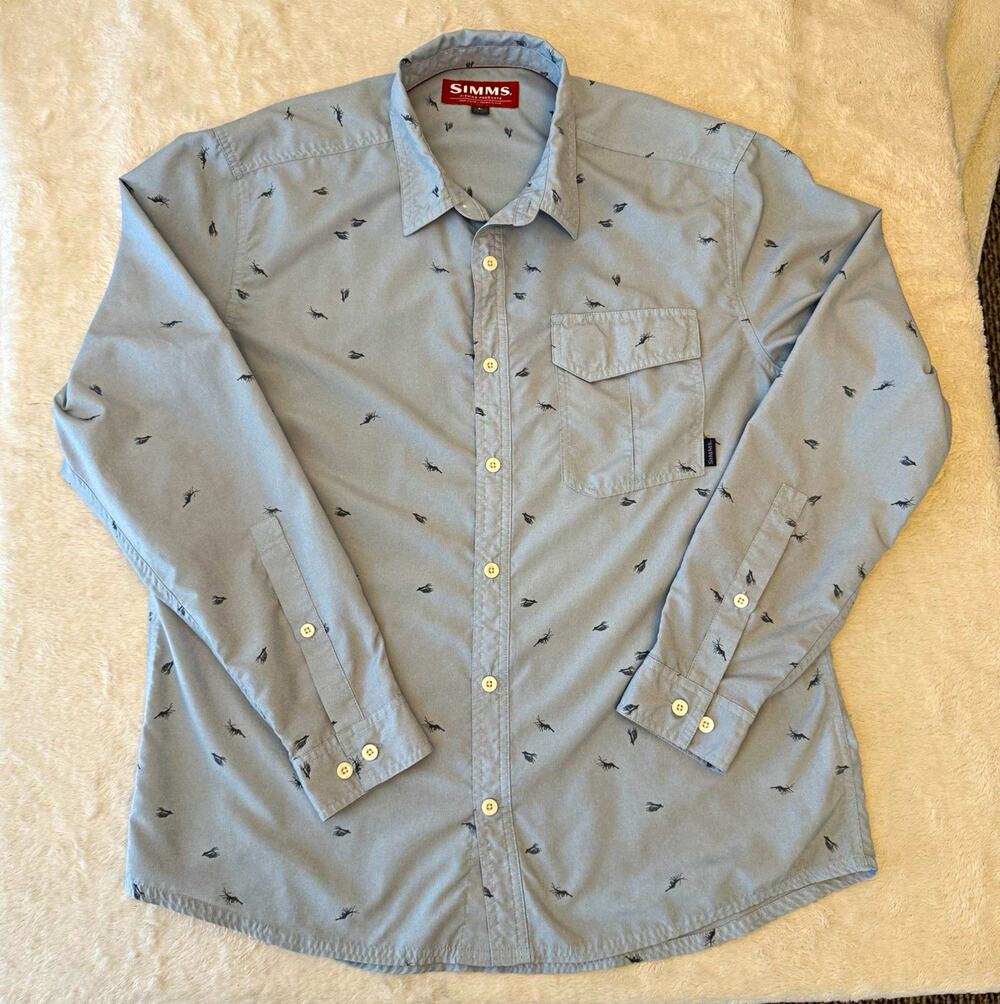 Simms Men’s L Gray Fly Print Cotton Long Sleeve Button-Up Shirt w/ Pockets